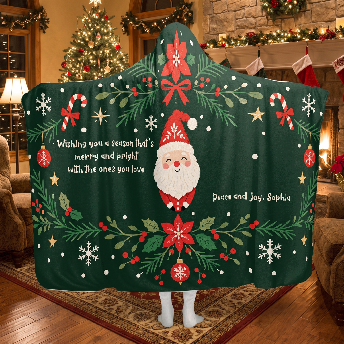 Custom name Santa poinsettia wreath message Christmas hooded blanket, view 4