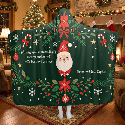 Custom name Santa poinsettia wreath message Christmas hooded blanket, view 4