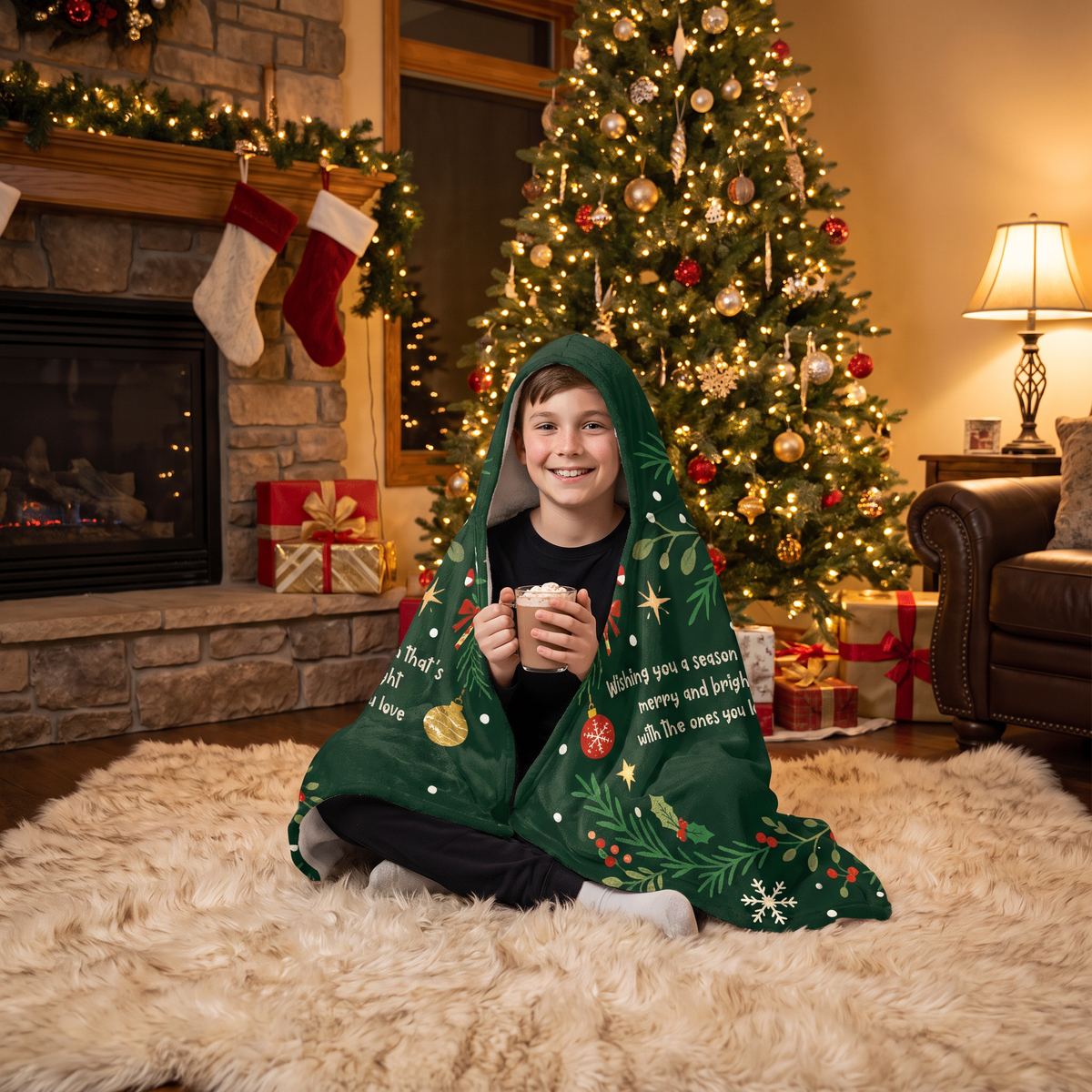 Custom name Santa poinsettia wreath message Christmas hooded blanket, view 6