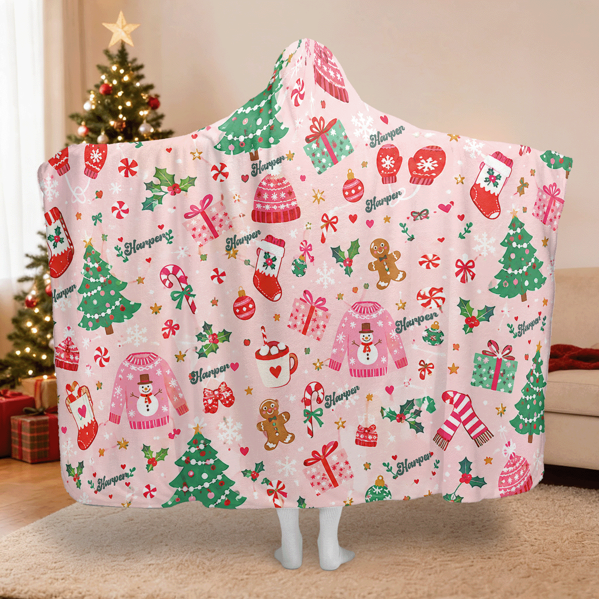 Personalized cozy Christmas sweater pattern hooded blanket with custom name, back view