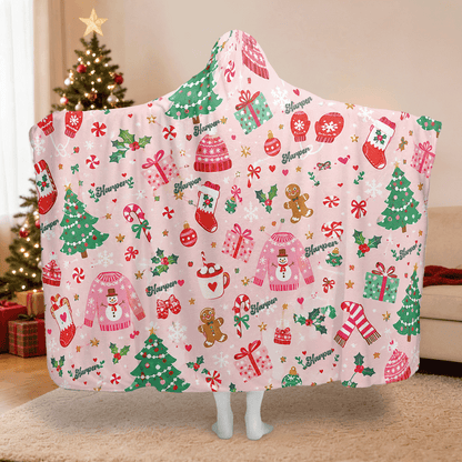 Personalized cozy Christmas sweater pattern hooded blanket with custom name, back view
