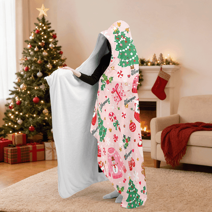 Personalized cozy Christmas sweater pattern hooded blanket side view showing the sherpa lining