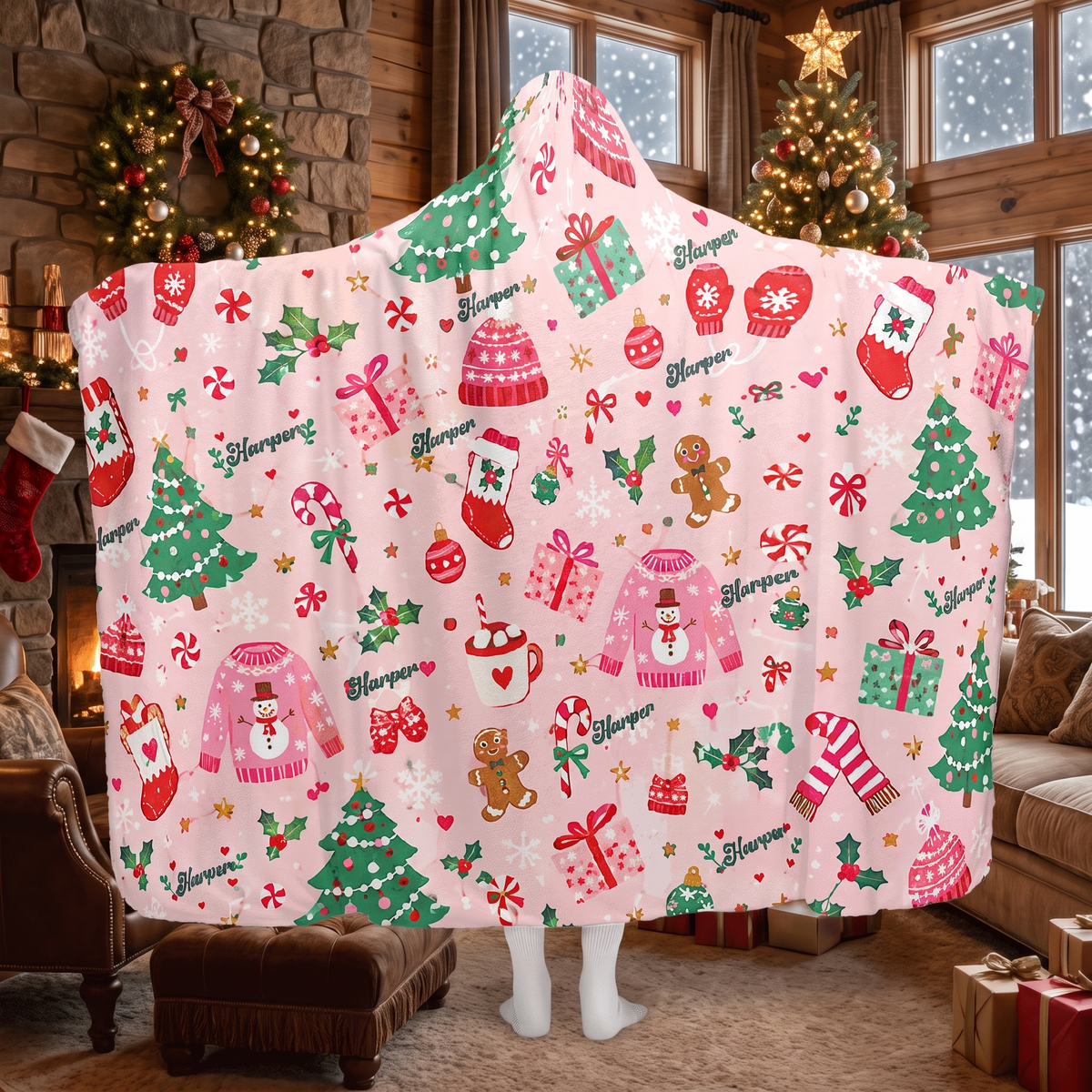 Custom name cozy Christmas sweater pattern hooded blanket, view 3