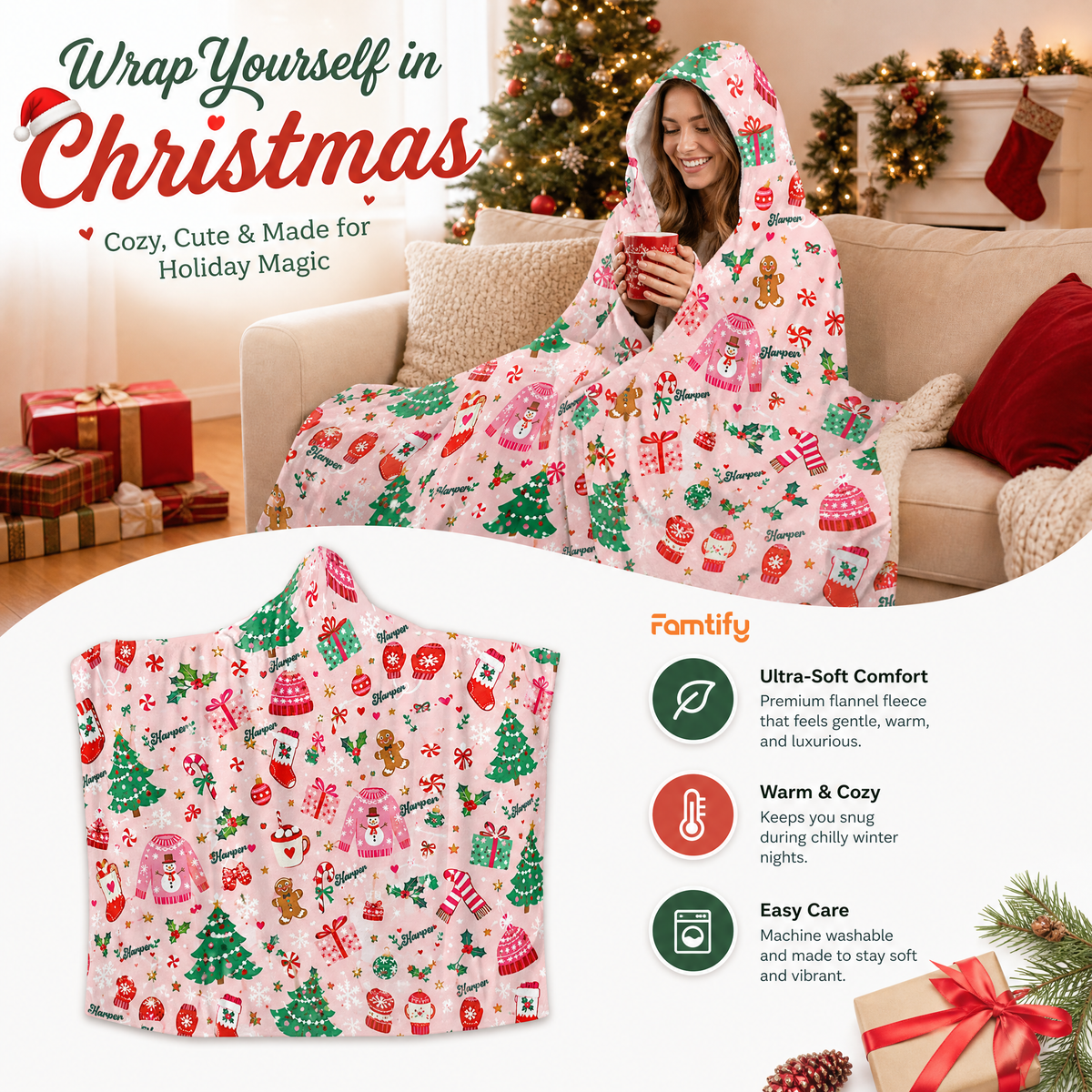 Custom name cozy Christmas sweater pattern hooded blanket, view 7