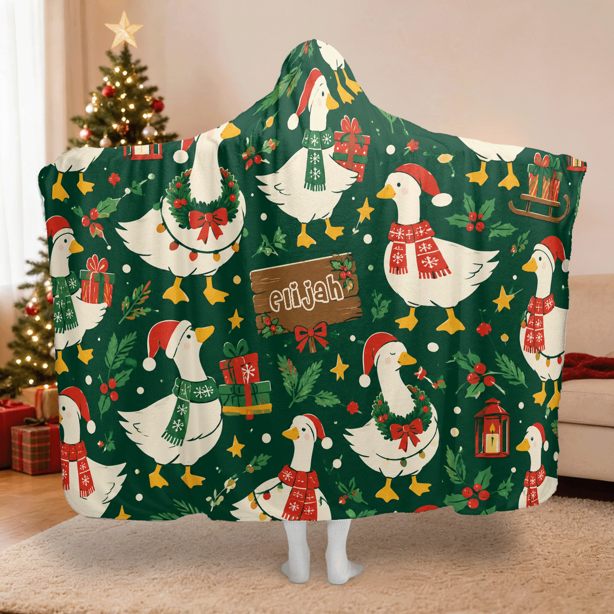 Personalized Christmas goose holly wreath hooded blanket with custom name, back view