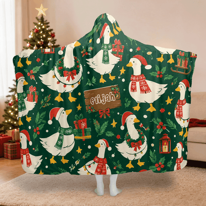 Personalized Christmas goose holly wreath hooded blanket with custom name, back view