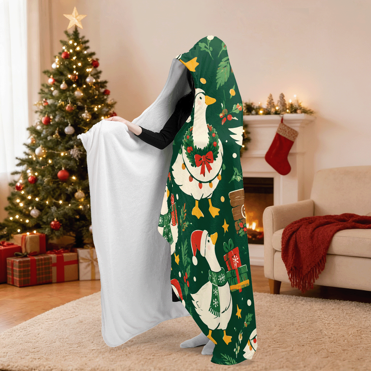 Personalized Christmas goose holly wreath hooded blanket side view showing the sherpa lining