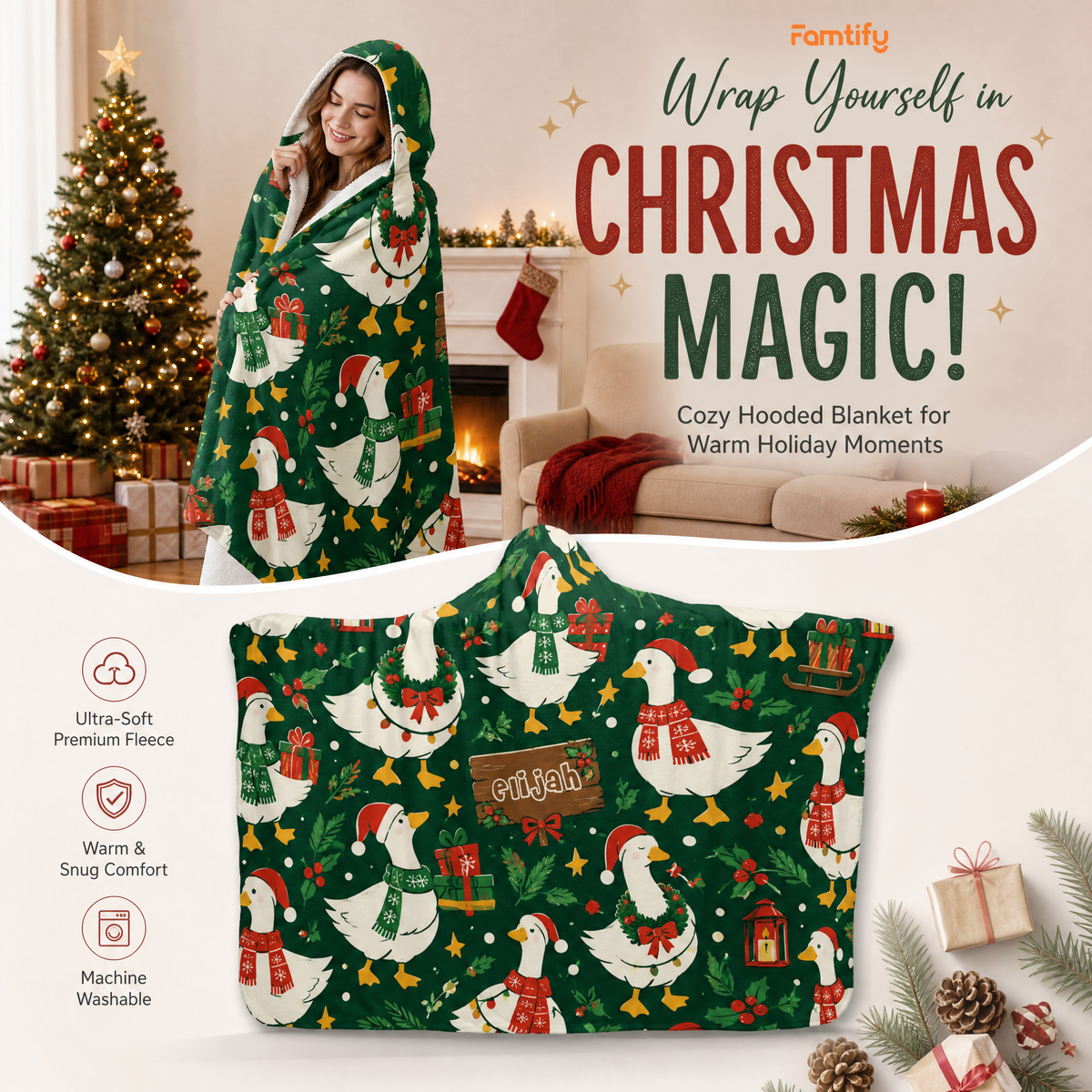 Custom name Christmas goose holly wreath hooded blanket, view 3