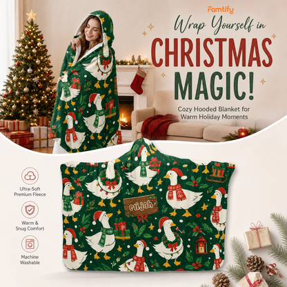 Custom name Christmas goose holly wreath hooded blanket, view 3