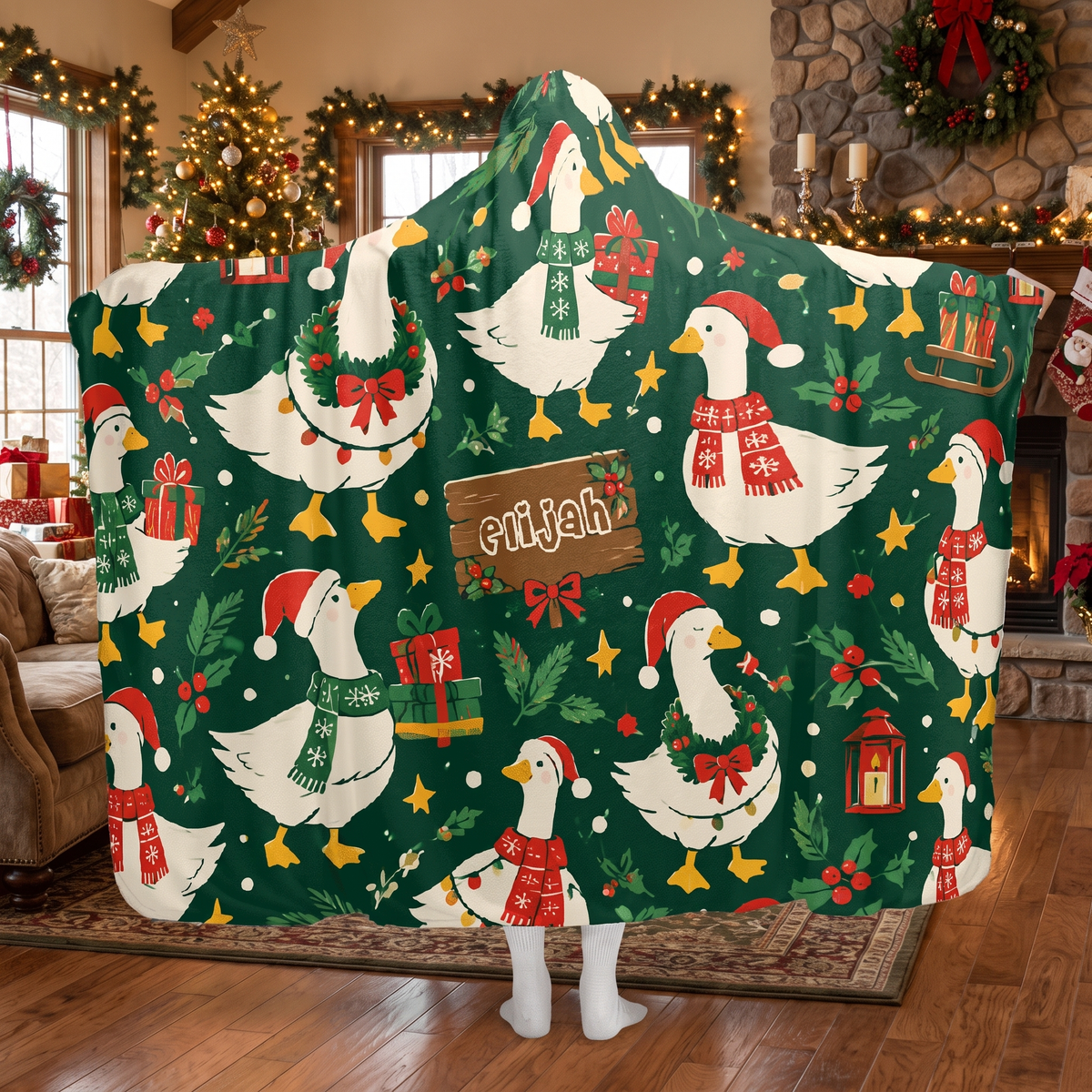Custom name Christmas goose holly wreath hooded blanket, view 4