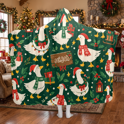 Custom name Christmas goose holly wreath hooded blanket, view 4