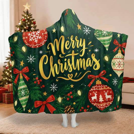 Merry Christmas ornament hooded blanket, back view