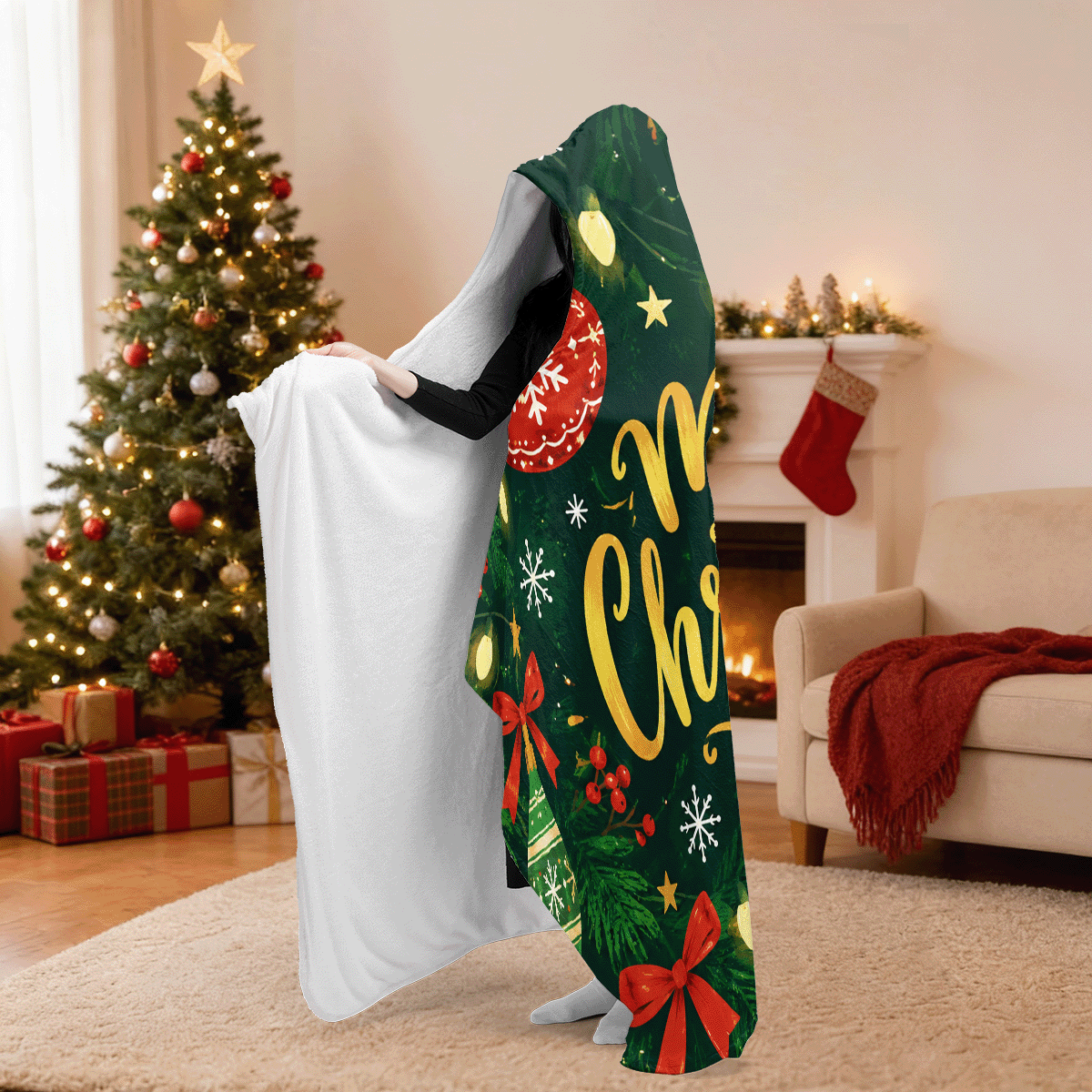 Merry Christmas ornament hooded blanket side view showing the sherpa lining