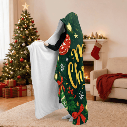 Merry Christmas ornament hooded blanket side view showing the sherpa lining