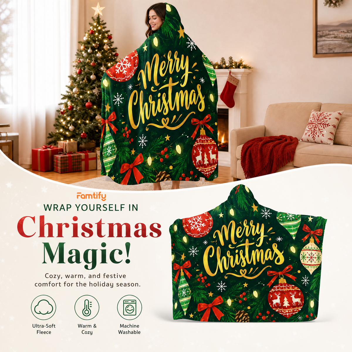 Merry Christmas ornament hooded blanket, view 3