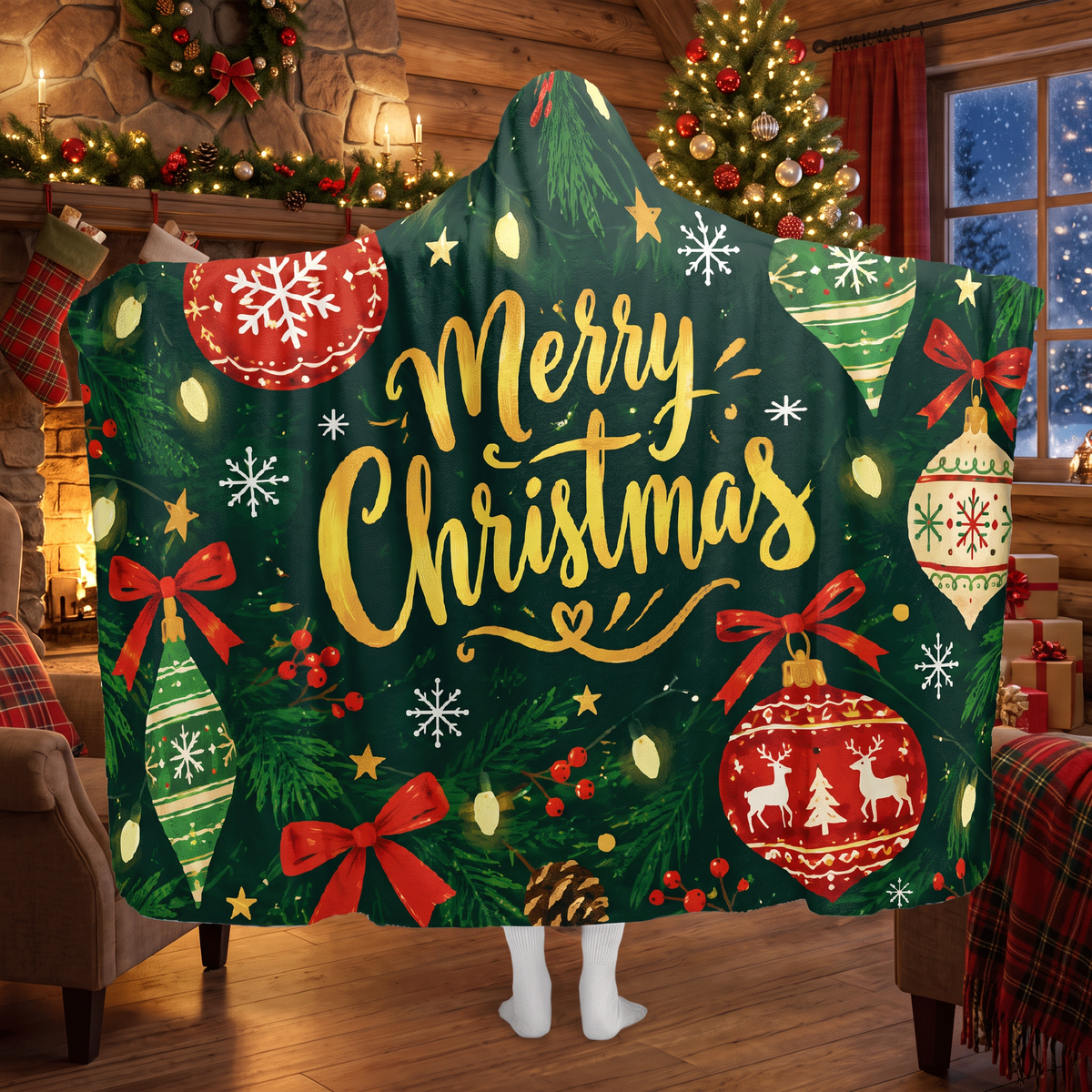Merry Christmas ornament hooded blanket, view 4