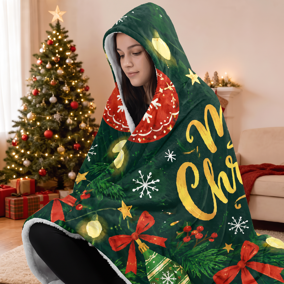 Merry Christmas ornament hooded blanket, view 6