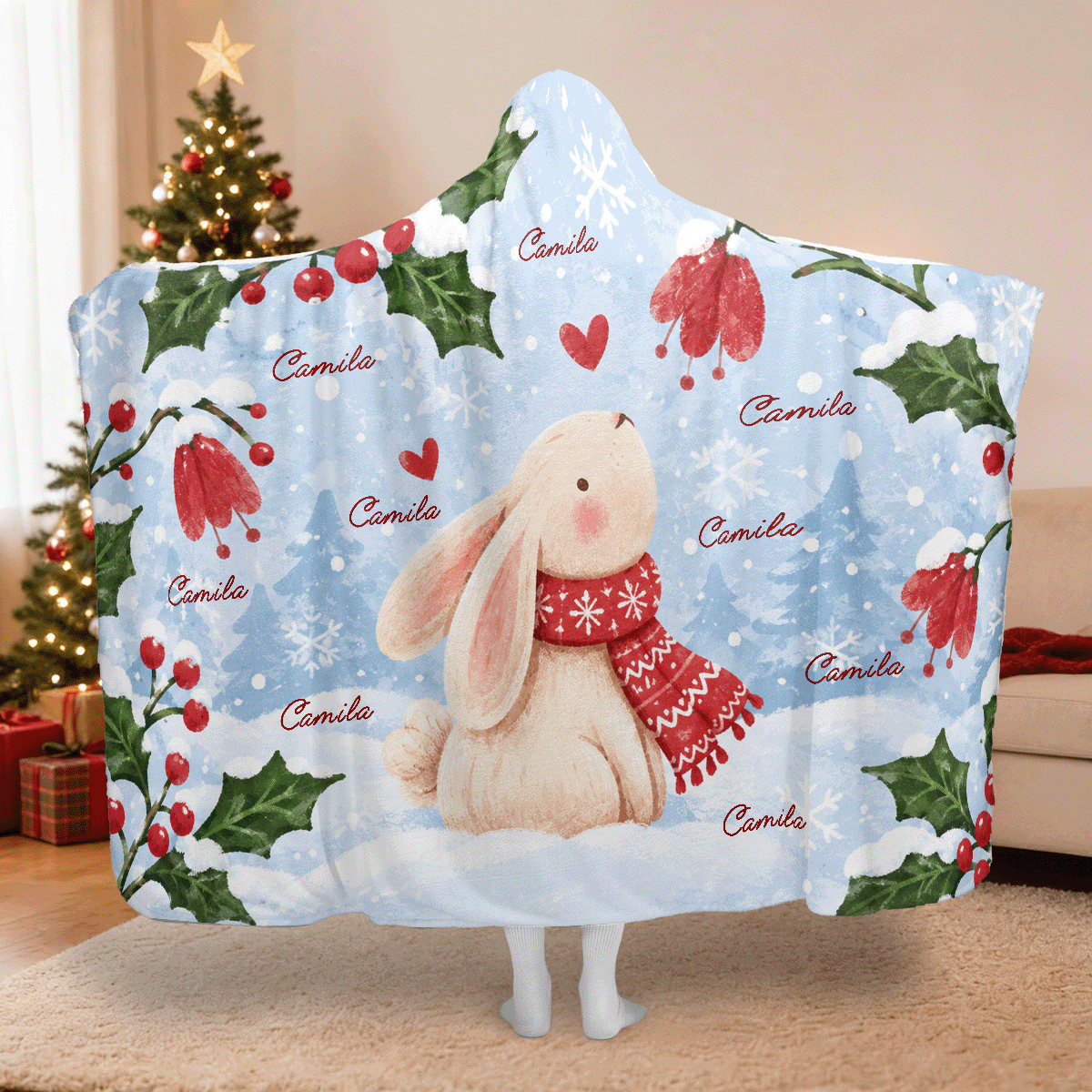 Personalized winter bunny holly berry Christmas hooded blanket with custom name, back view