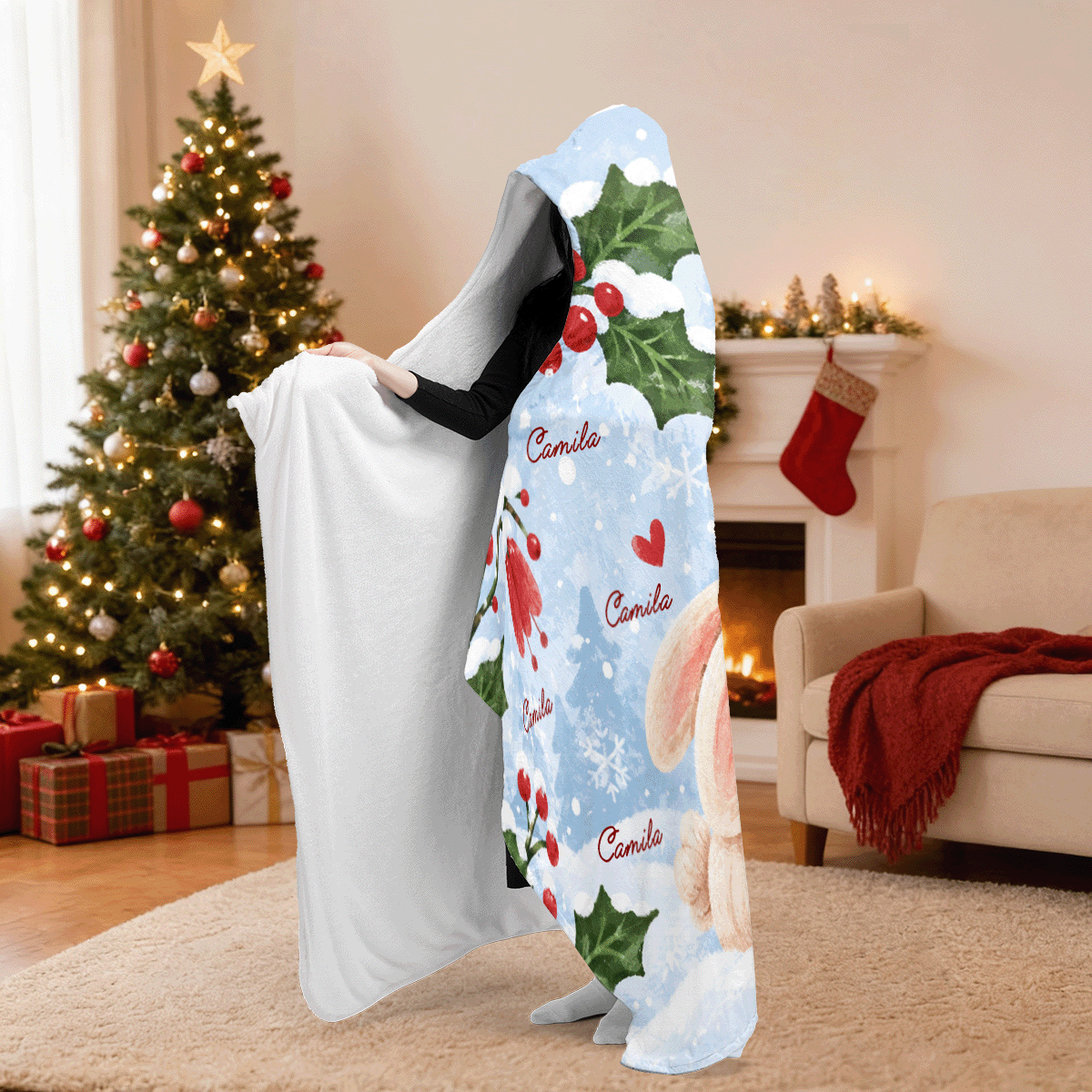 Personalized winter bunny holly berry hooded blanket side view showing the sherpa lining