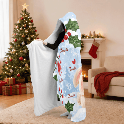 Personalized winter bunny holly berry hooded blanket side view showing the sherpa lining