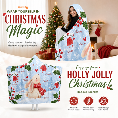 Custom name winter bunny holly berry Christmas hooded blanket, view 3