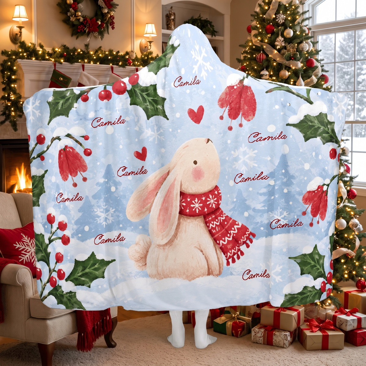 Custom name winter bunny holly berry Christmas hooded blanket, view 4