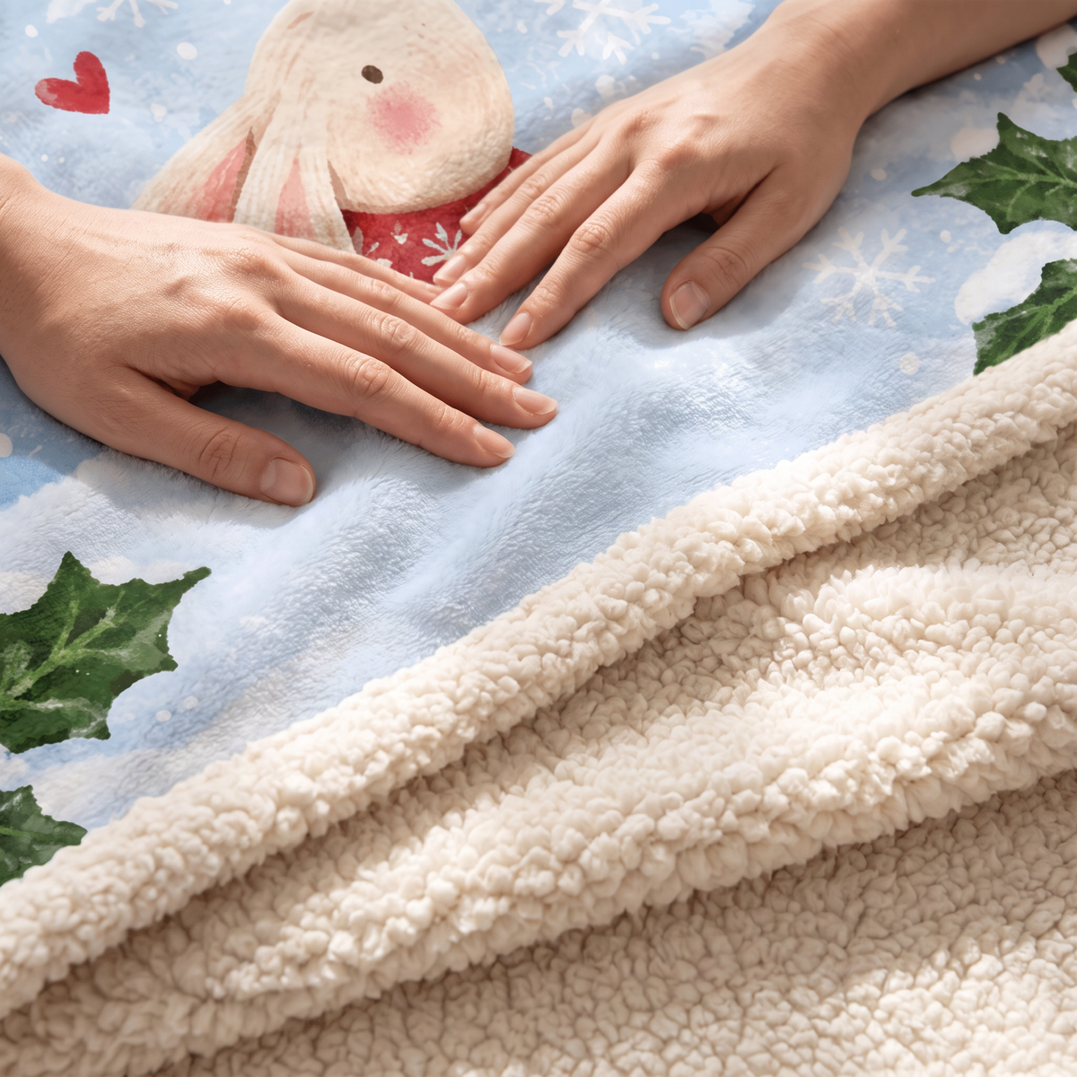 Custom name winter bunny holly berry Christmas hooded blanket, view 5