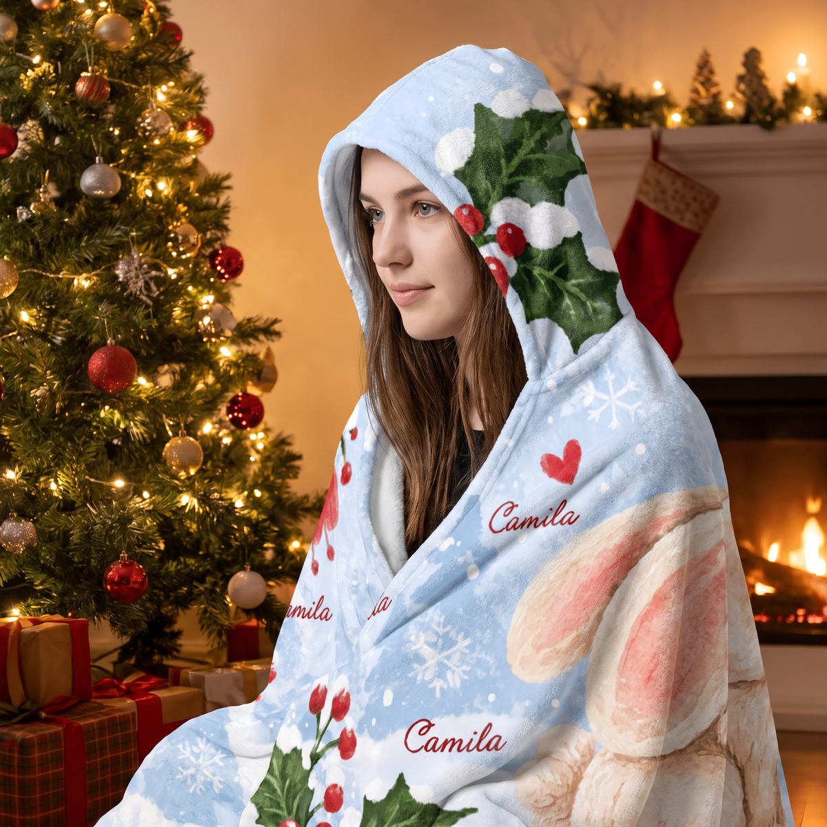 Custom name winter bunny holly berry Christmas hooded blanket, view 6