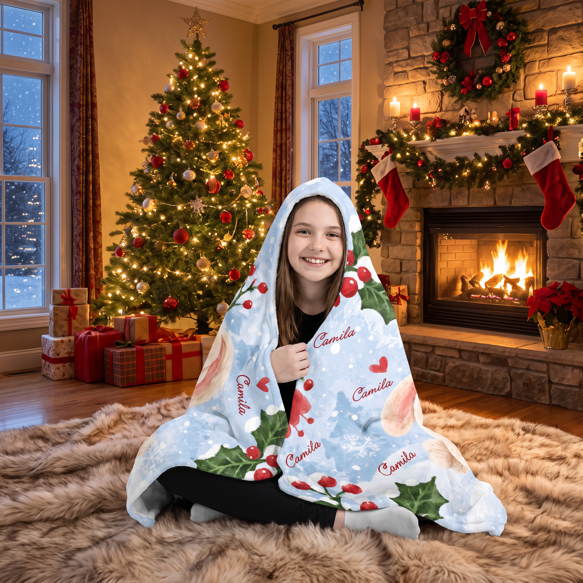 Custom name winter bunny holly berry Christmas hooded blanket, view 7