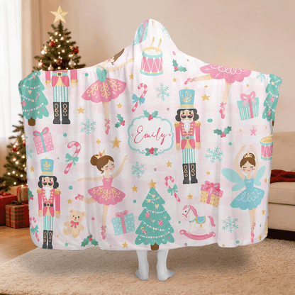 Personalized nutcracker ballerina fairy Christmas hooded blanket with custom name, back view