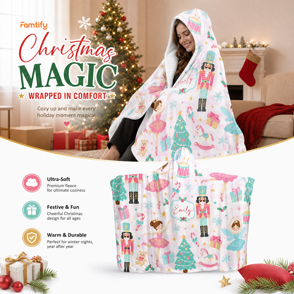 Custom name nutcracker ballerina fairy Christmas hooded blanket, view 3