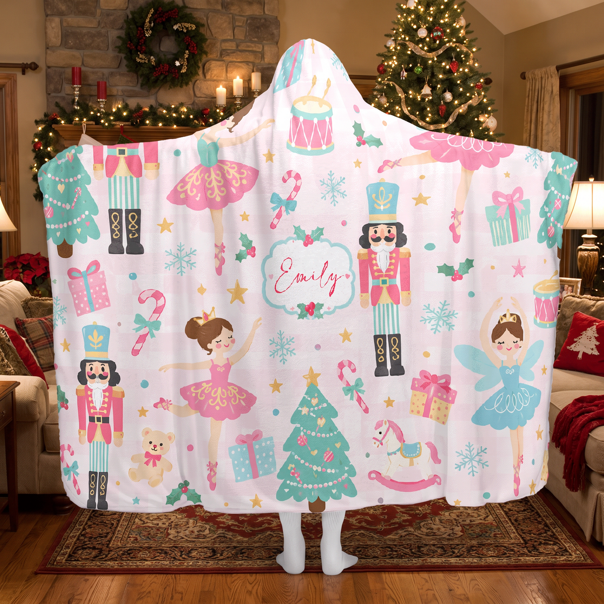 Custom name nutcracker ballerina fairy Christmas hooded blanket, view 4