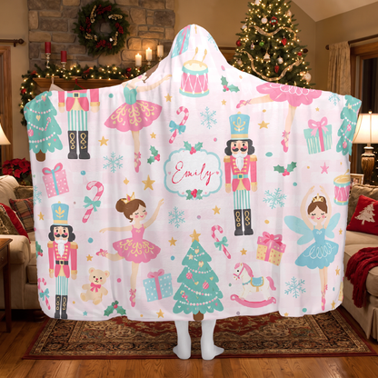 Custom name nutcracker ballerina fairy Christmas hooded blanket, view 4