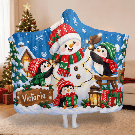Personalized snowman penguins cabin Christmas hooded blanket with custom name, back view