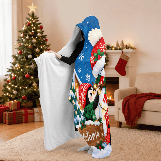 Personalized snowman penguins cabin hooded blanket side view showing the sherpa lining