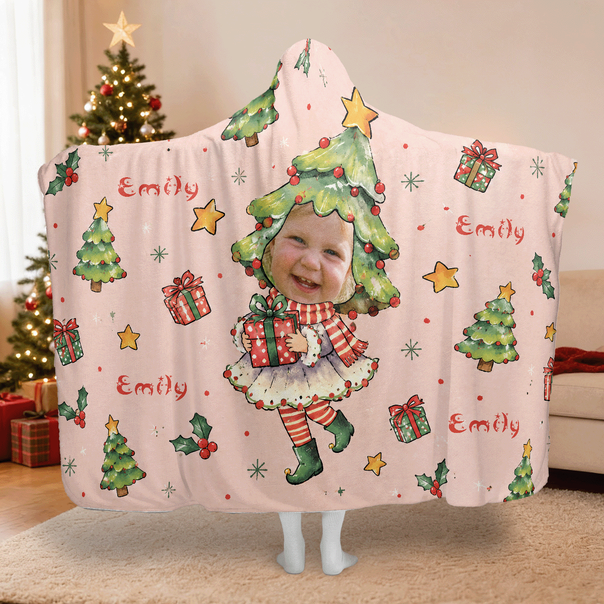 Personalized custom face Christmas tree costume hooded blanket with custom name, back view