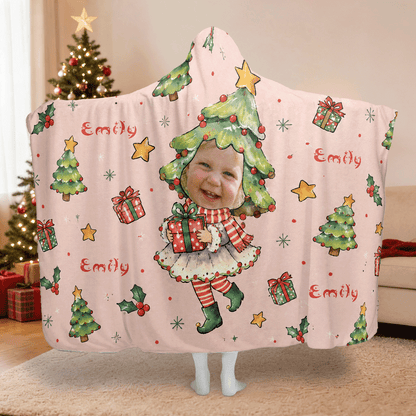 Personalized custom face Christmas tree costume hooded blanket with custom name, back view