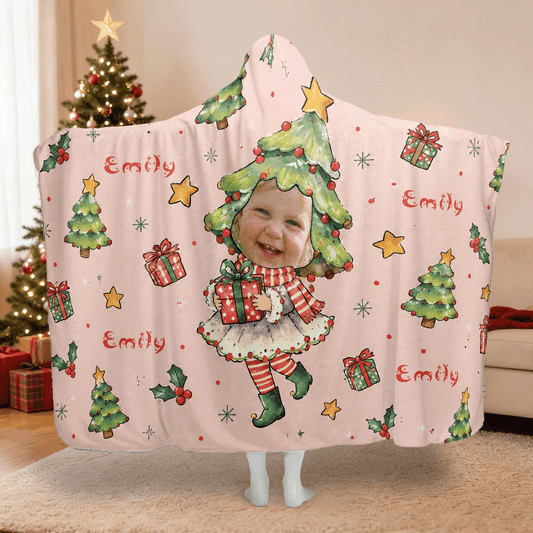 Personalized custom face Christmas tree costume hooded blanket with custom name, back view
