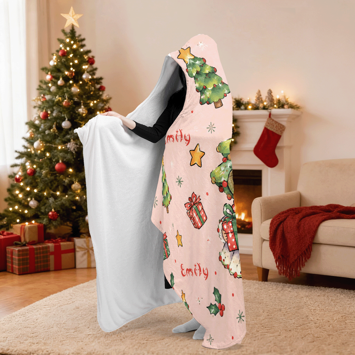 Personalized custom face Christmas tree costume hooded blanket side view showing the sherpa lining