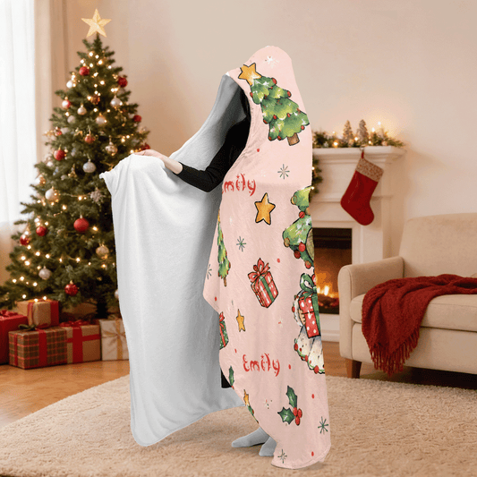 Personalized custom face Christmas tree costume hooded blanket side view showing the sherpa lining