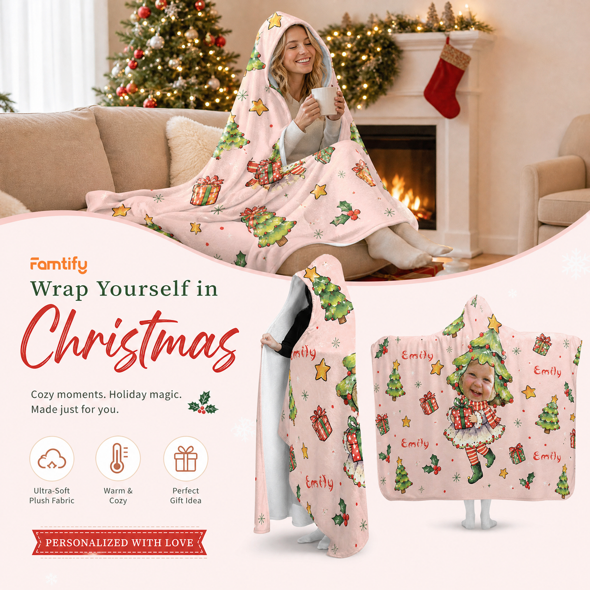 Custom name custom face Christmas tree costume hooded blanket, view 3