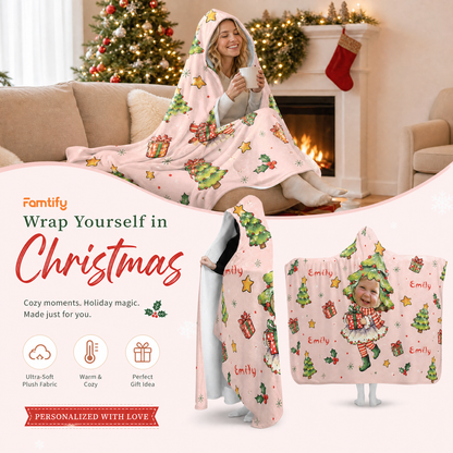 Custom name custom face Christmas tree costume hooded blanket, view 3