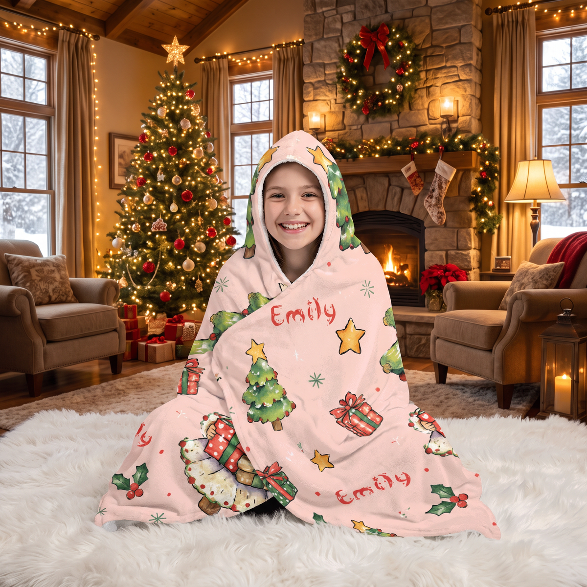 Custom name custom face Christmas tree costume hooded blanket, view 5
