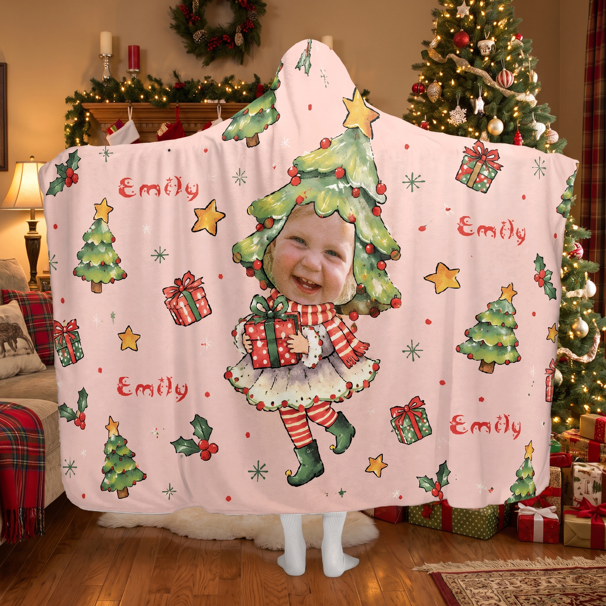 Custom name custom face Christmas tree costume hooded blanket, view 6