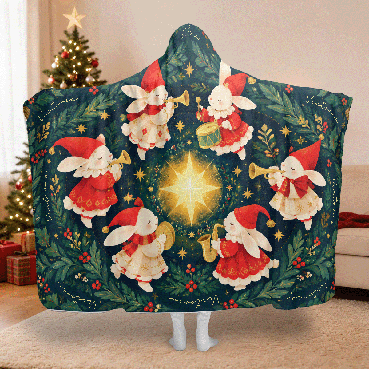 Personalized bunny band Christmas star hooded blanket with custom name, back view