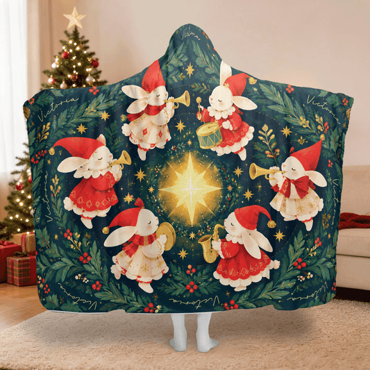 Personalized bunny band Christmas star hooded blanket with custom name, back view
