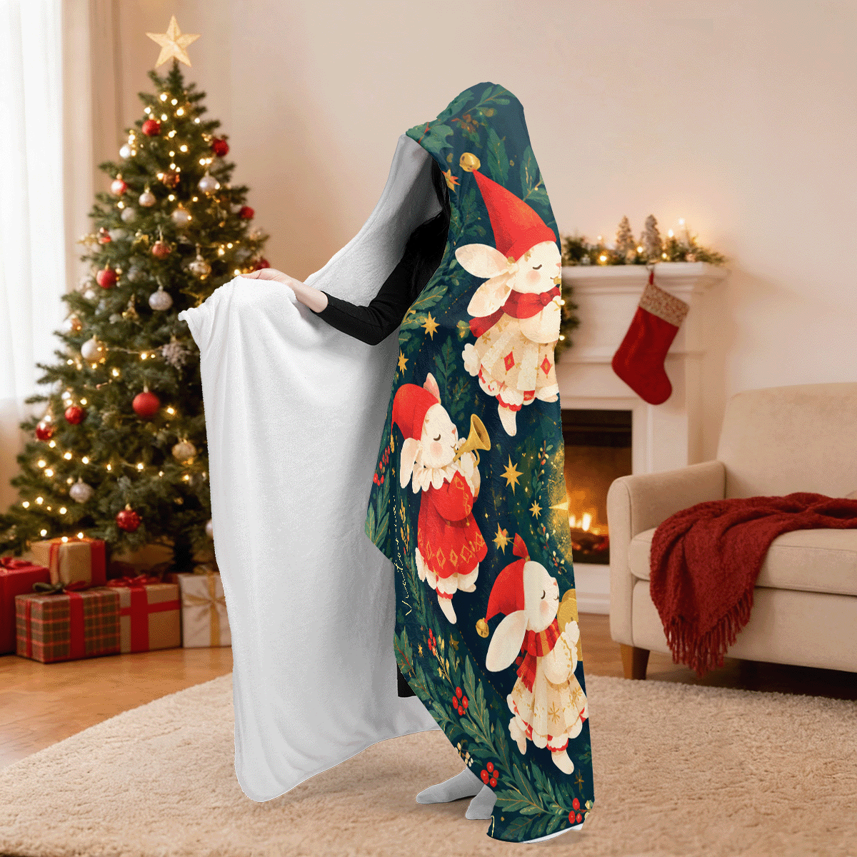 Personalized bunny band Christmas star hooded blanket side view showing the sherpa lining