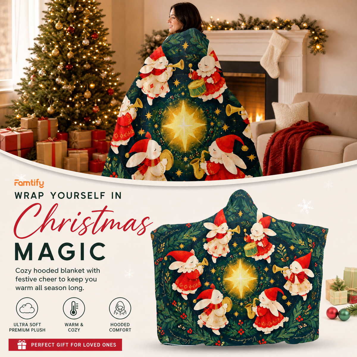 Custom name bunny band Christmas star hooded blanket, view 3