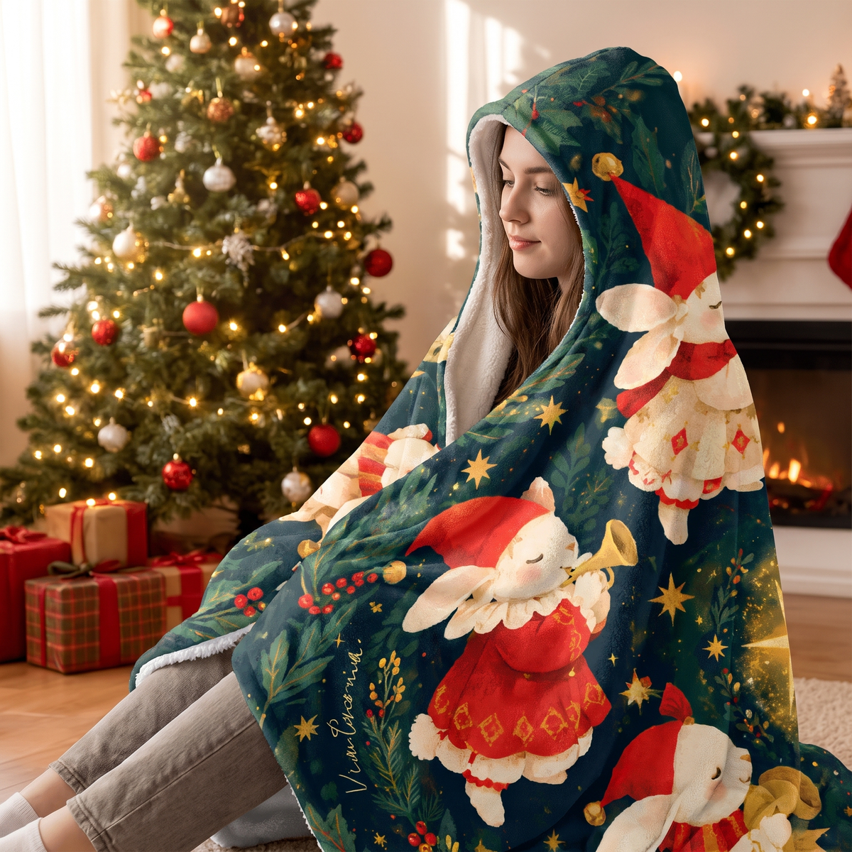 Custom name bunny band Christmas star hooded blanket, view 6