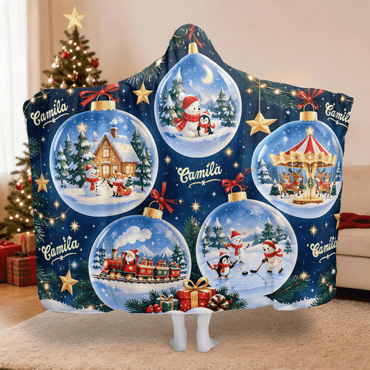 Personalized snow globe ornament village Christmas hooded blanket with custom name, back view